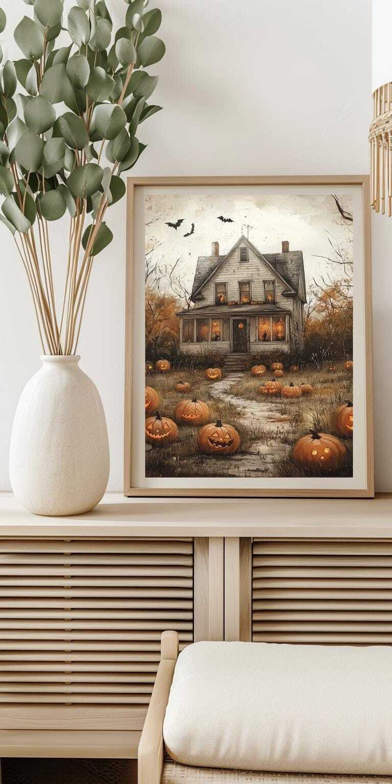 Charming Pumpkin Patch Canvas For Halloween Country DéCor Vintage Farmhouse Fall Art With Haunted House & Flying Bats
