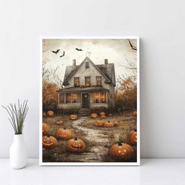 Charming Pumpkin Patch Canvas For Halloween Country DéCor Vintage Farmhouse Fall Art With Haunted House & Flying Bats