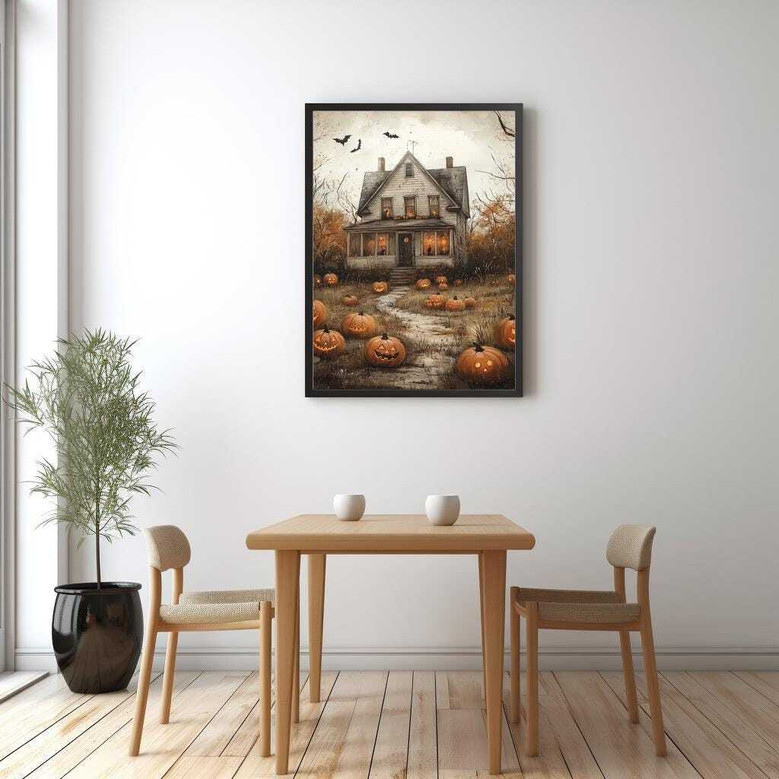 Charming Pumpkin Patch Canvas For Halloween Country DéCor Vintage Farmhouse Fall Art With Haunted House & Flying Bats