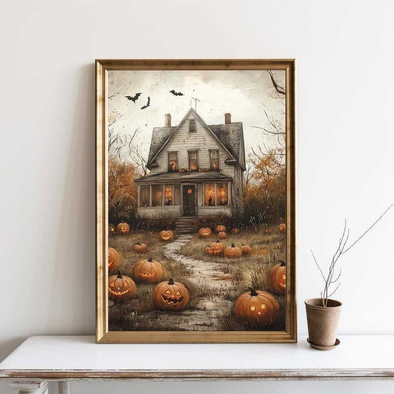 Charming Pumpkin Patch Canvas For Halloween Country DéCor Vintage Farmhouse Fall Art With Haunted House & Flying Bats