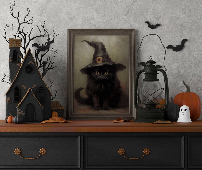Charming Rustic Black Cat Canvas For Halloween Decor - Spooky Season Wall Art