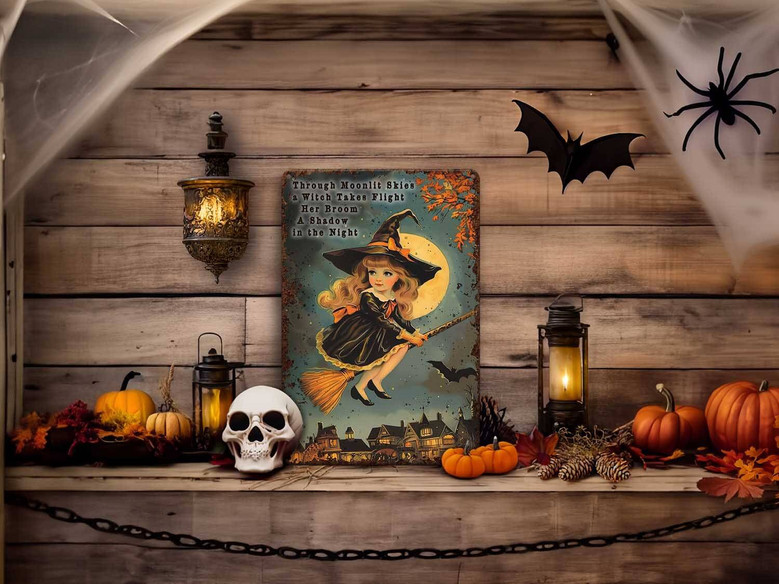 Primitive Halloween Metal Sign Outdoor Rustic Decor Moonlit Witch Design For Porch Or Front Door