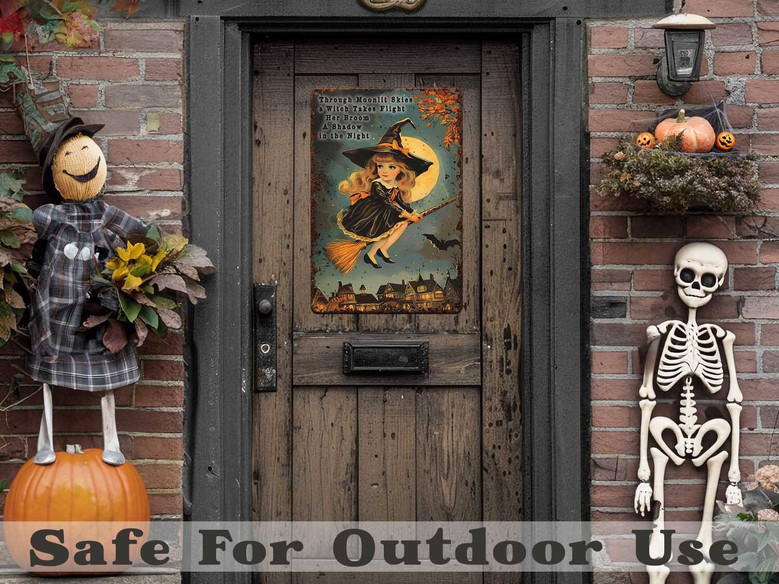 Primitive Halloween Metal Sign Outdoor Rustic Decor Moonlit Witch Design For Porch Or Front Door