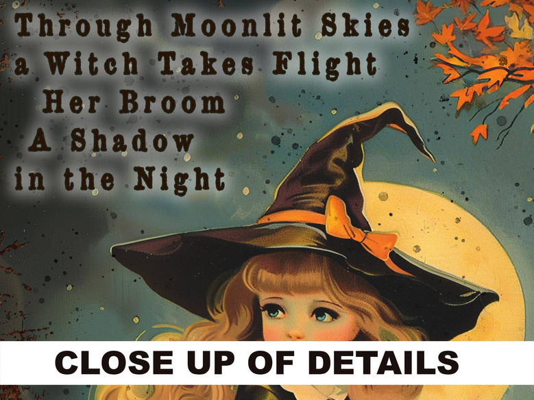 Primitive Halloween Metal Sign Outdoor Rustic Decor Moonlit Witch Design For Porch Or Front Door