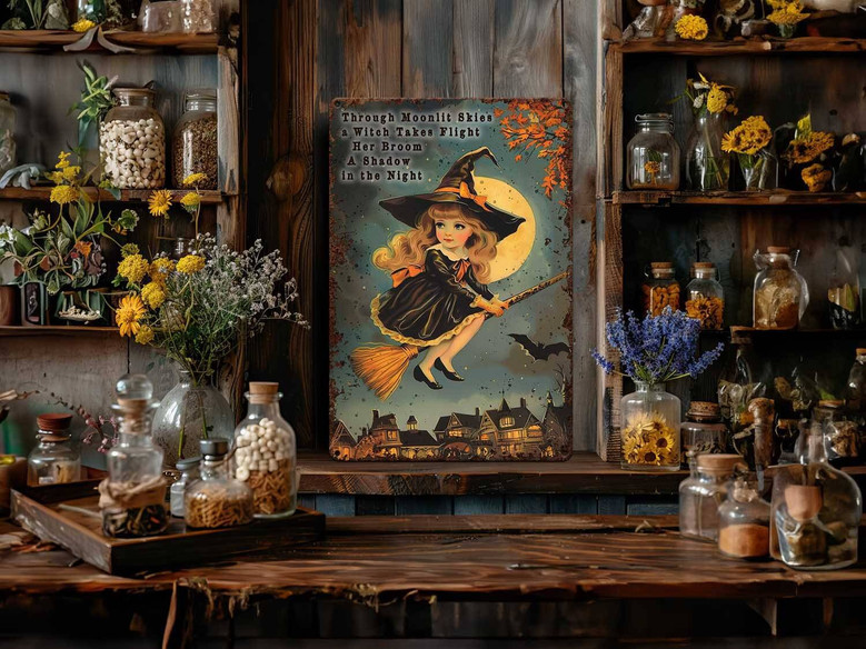 Primitive Halloween Metal Sign Outdoor Rustic Decor Moonlit Witch Design For Porch Or Front Door