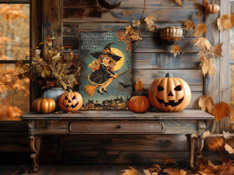 Primitive Halloween Metal Sign Outdoor Rustic Decor Moonlit Witch Design For Porch Or Front Door