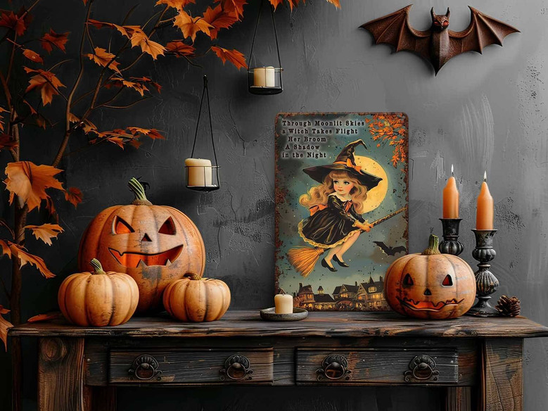 Primitive Halloween Metal Sign Outdoor Rustic Decor Moonlit Witch Design For Porch Or Front Door