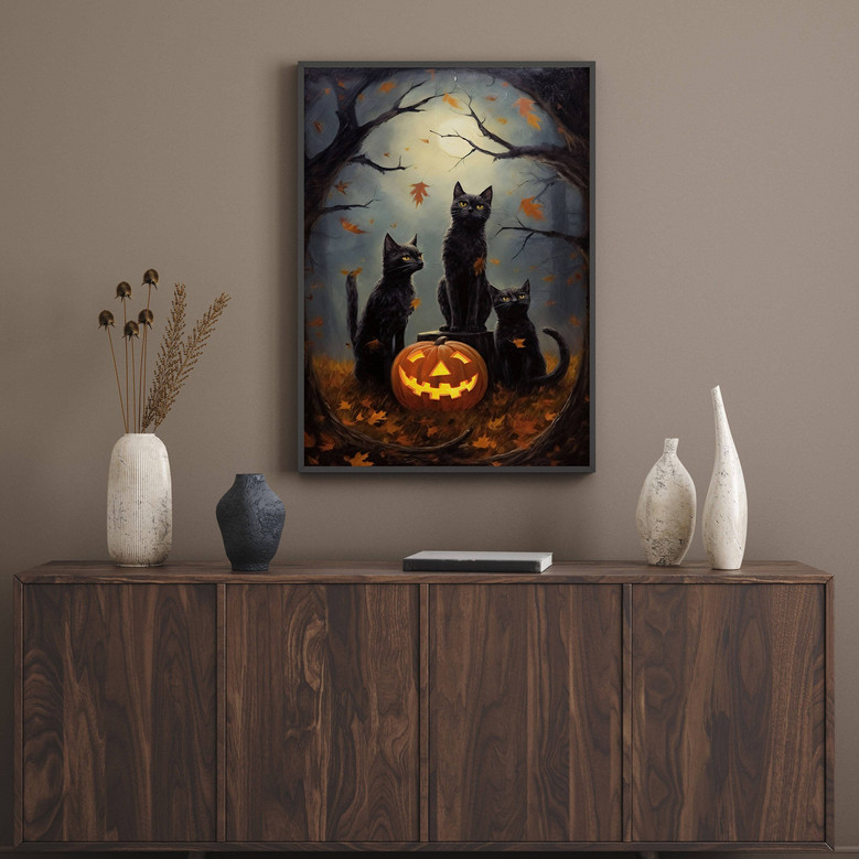 Spooky Black Cat Canvas For Halloween Nursery Decor - Fall Wall Art Print
