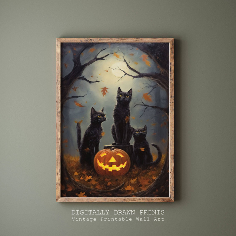Spooky Black Cat Canvas For Halloween Nursery Decor - Fall Wall Art Print