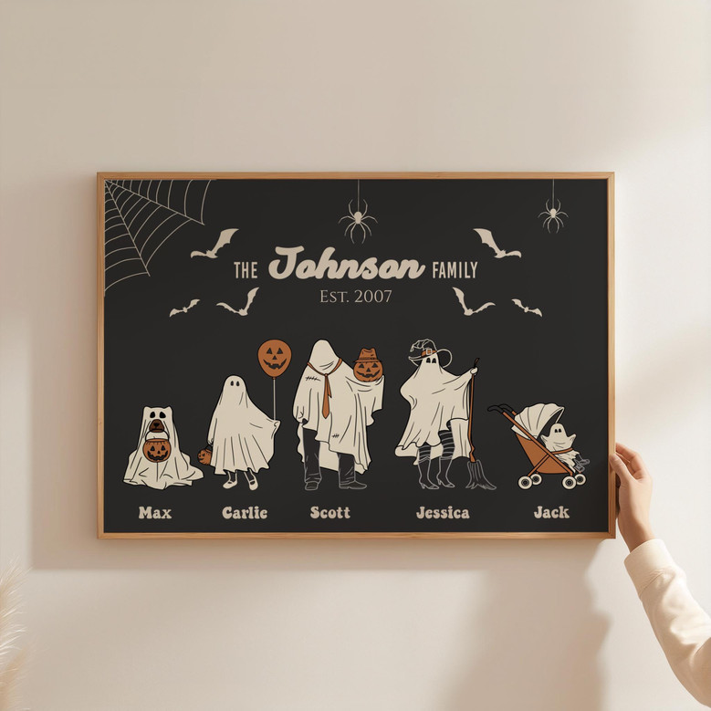 Halloween ghost family portrait custom canvas featuring parents, kids, and pets, personalized names, perfect entryway decor