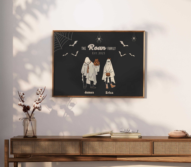 Halloween ghost family portrait canvas art, night sky with stars and crescent moon, personalized names for cozy bedroom decor