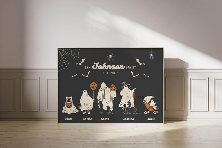 Halloween ghost family portrait canvas art in watercolor style, custom family name and date, ghosts for nursery decor