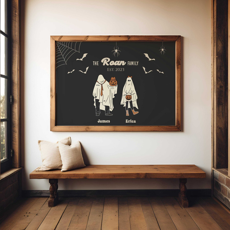 Halloween ghost family portrait canvas art, vintage with haunted house and moon, personalized family name for mantel decor