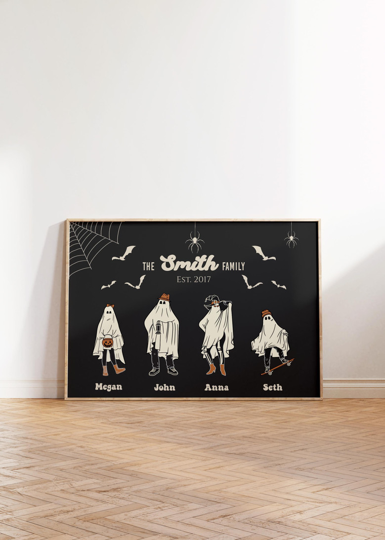 Halloween ghost family portrait custom canvas, fall palette with leaves and pumpkins, add family name for seasonal decor