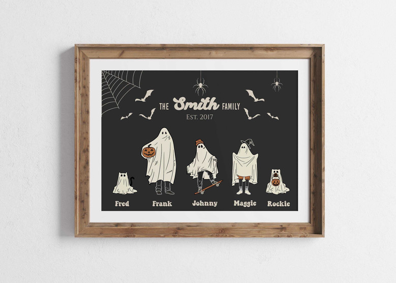 Halloween ghost family portrait custom canvas, minimalist black and white with bats, personalized names for hallway decor