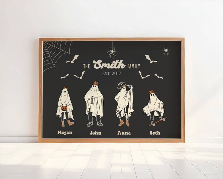 Halloween ghost family portrait canvas art with personalized family name and year, bats and moon, spooky living room decor