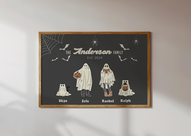 Halloween ghost family portrait custom canvas personalized with kids' names, playful ghosts, heartfelt gift for families