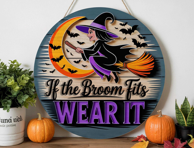 Personalized Halloween Witch Round Wood Sign - Spooky Decor For Front Door