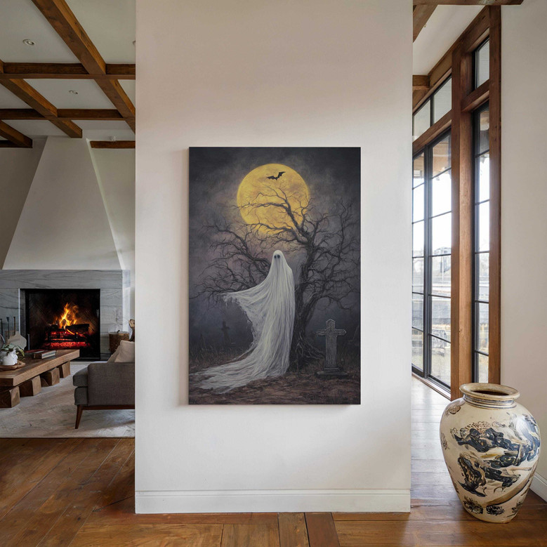 Personalized Spooky Halloween Canvas With Full Moon Graveyard Design - Eerie Wall Art For Living Room Decor