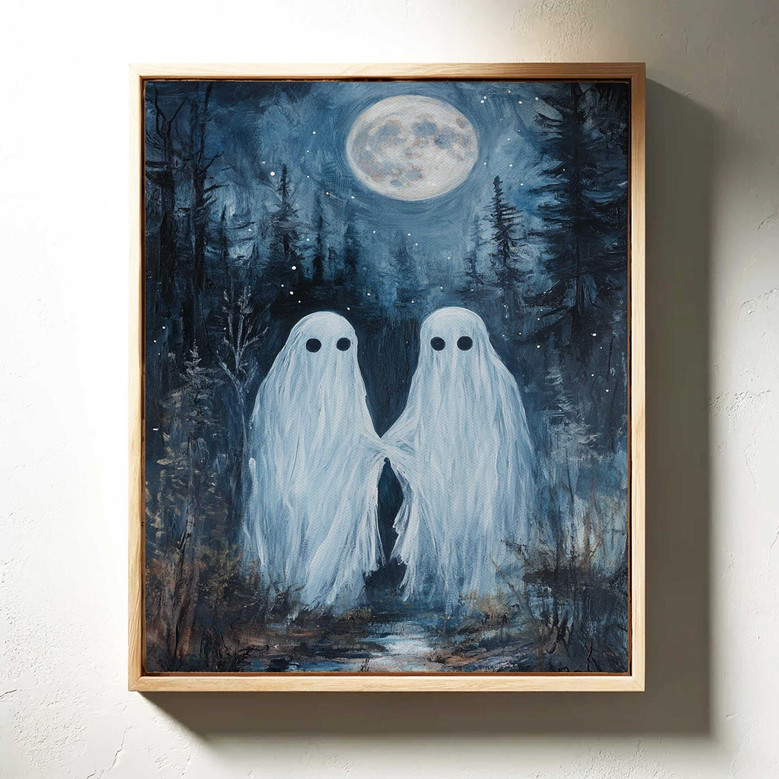 Romantic ghost couple canvas art, whimsical starry night scene; monochrome black and white for entryway accent, vertical