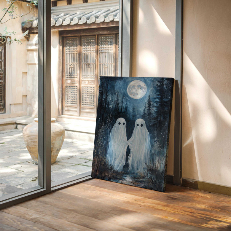 Romantic ghost couple canvas art under full moon, spooky fall wall decor for living room; midnight blue palette, portrait