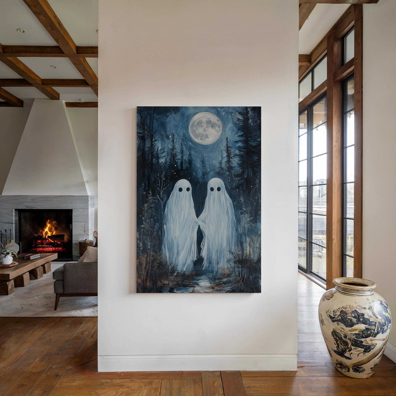 Romantic ghost couple canvas art by moonlight with pumpkins and autumn leaves; warm sepia tones for gallery wall, square