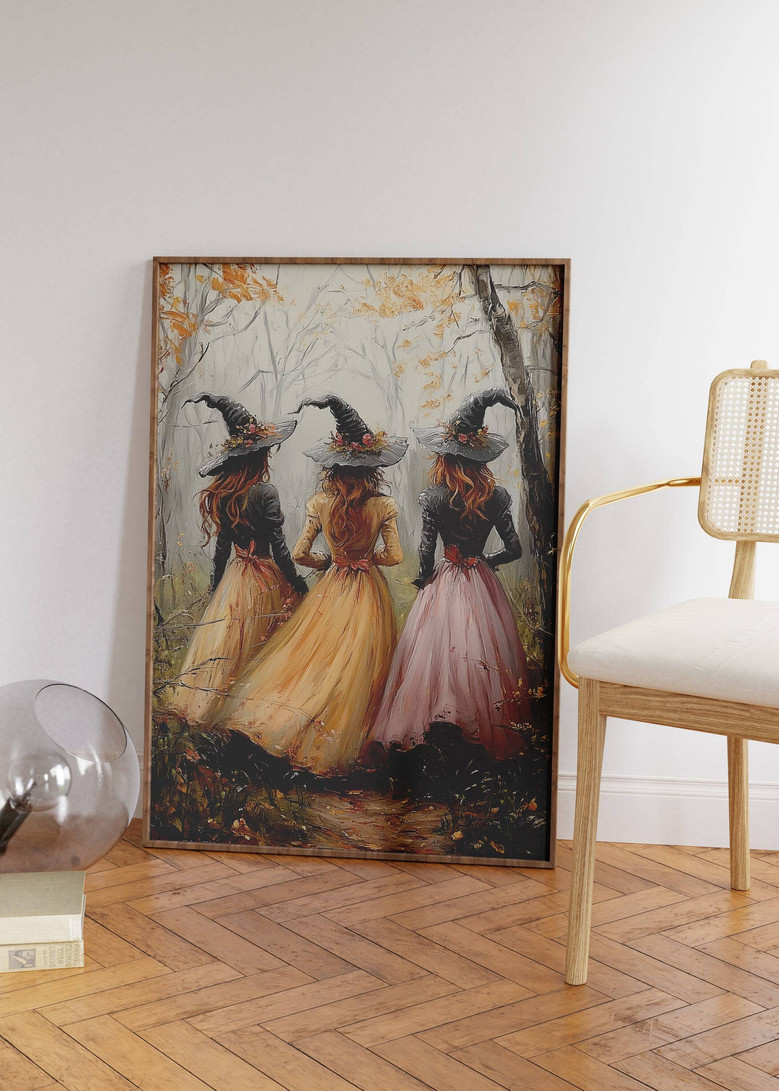 Vintage Halloween witches canvas wall art, custom text available, living room decor for spooky season in a muted palette