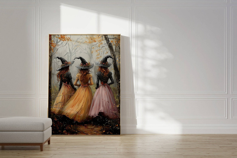 Vintage Halloween witches canvas print, custom witchy wall decor for living room, thoughtful Halloween gift for witch lovers