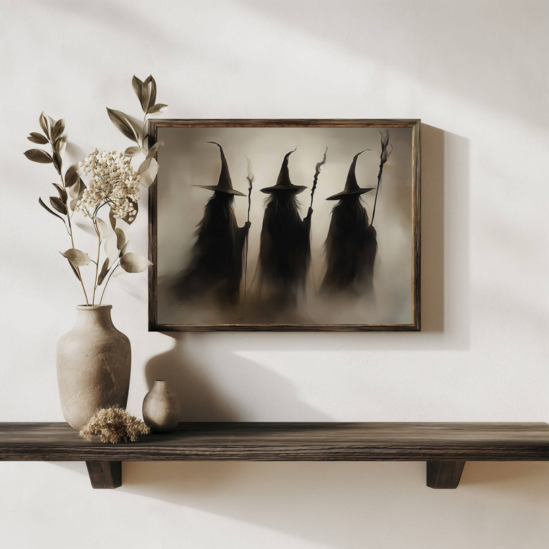 Vintage Halloween witches canvas wall art, antique-inspired design in black and orange, spooky accent for Halloween decor