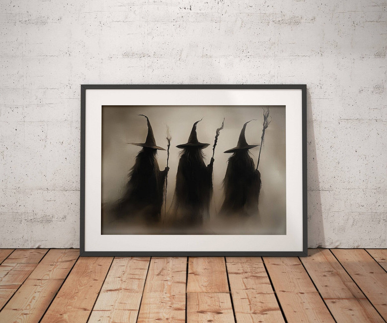 Vintage Halloween witches canvas wall art, retro spooky design, thoughtful gift for Halloween lovers and decor fans