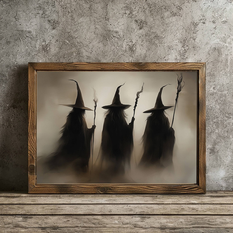 Vintage Halloween witches canvas wall art, spooky decor with witch silhouettes, perfect accent for living room