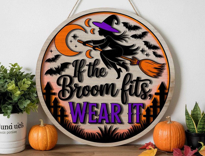 Personalized Spooky Witch Round Wood Sign - Halloween Witches Theme Door Decor