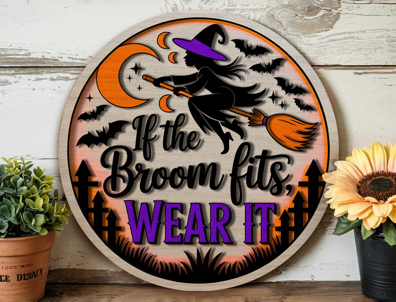 Personalized Spooky Witch Round Wood Sign - Halloween Witches Theme Door Decor