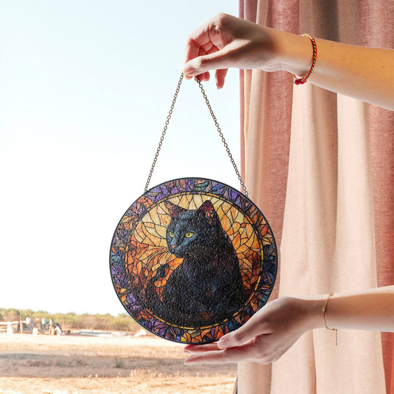 Unique Stained Glass Black Cat Suncatcher For Halloween DéCor - Perfect For Cat Lovers And Halloween Enthusiasts