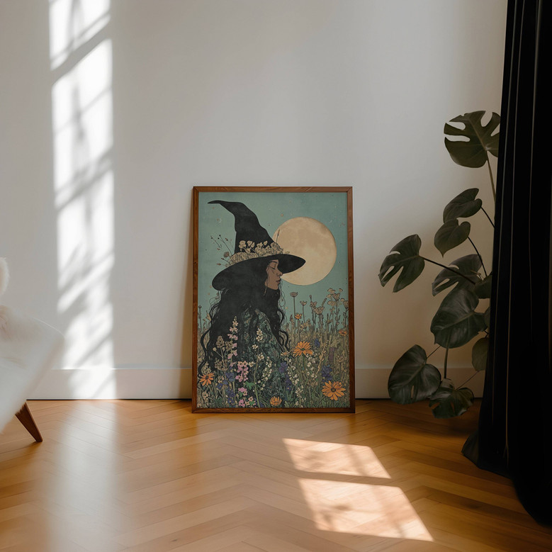 Halloween witches canvas showing gothic silhouettes on broomsticks over a starry village, portrait style for bedroom decor.