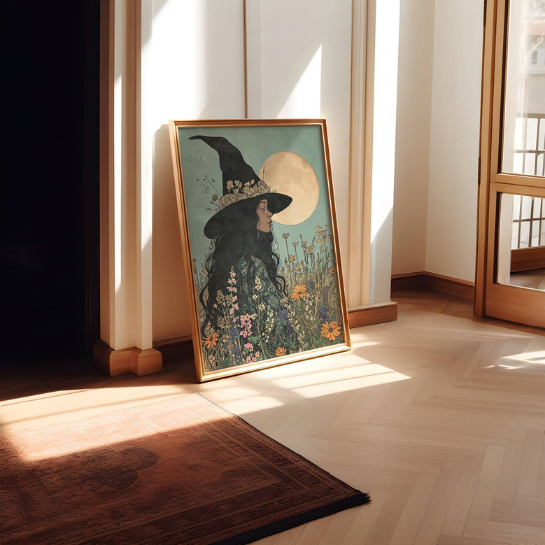 Halloween witches canvas with witches flying past a full moon and bats, misty watercolor landscape for living room walls.