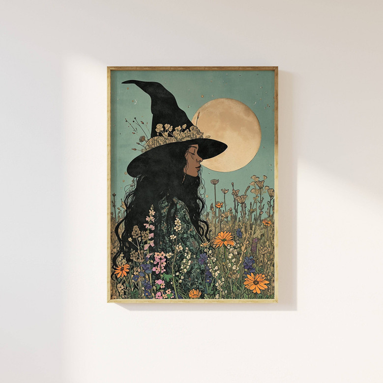 Halloween witches canvas with moonlit silhouettes over a haunted forest, landscape style for living room decor.
