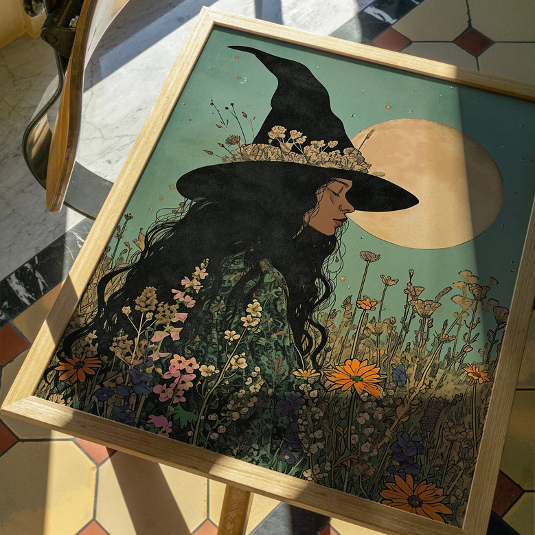 Halloween witches canvas featuring a cauldron scene in orange and black, ethereal portrait artwork for bedroom wall decor.