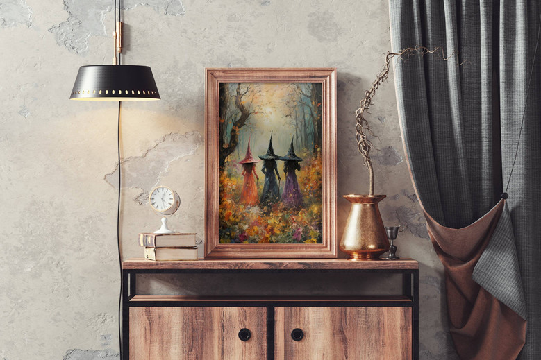 Halloween witches canvas wall decor, moonlit silhouettes in a mystical nightscape, ideal for living room or bedroom walls