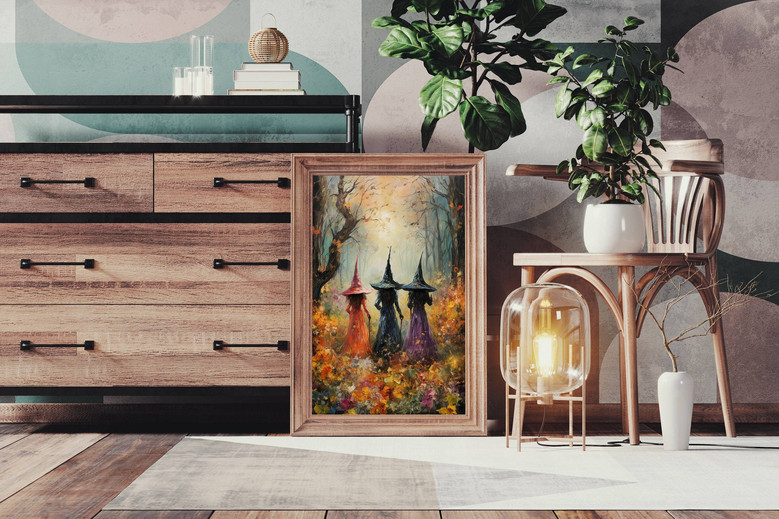 Halloween witches canvas print, enchanting night sky with spellbound ambience, moody accent for living room or cozy bedroom walls