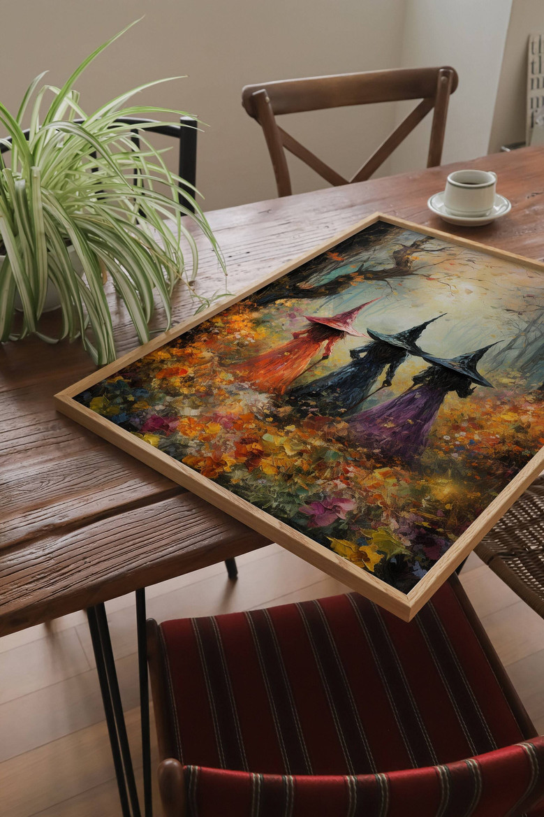 Halloween witches canvas art, enchanted night scene with witch silhouettes under stars, decor for living room or bedroom