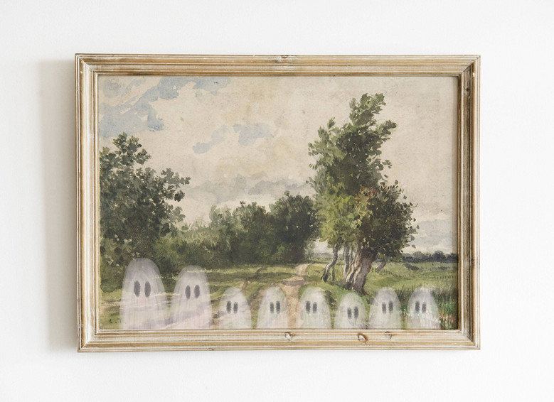 Vintage ghost family canvas with minimalist silhouettes on charcoal background, personalized names, portrait for living room