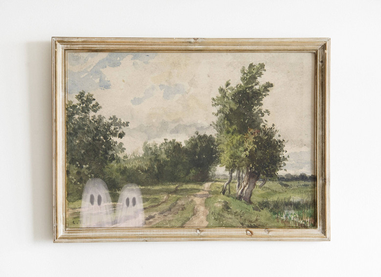 Vintage ghost family canvas in aged poster style, custom names and date, Halloween gift for families, gallery-wall ready