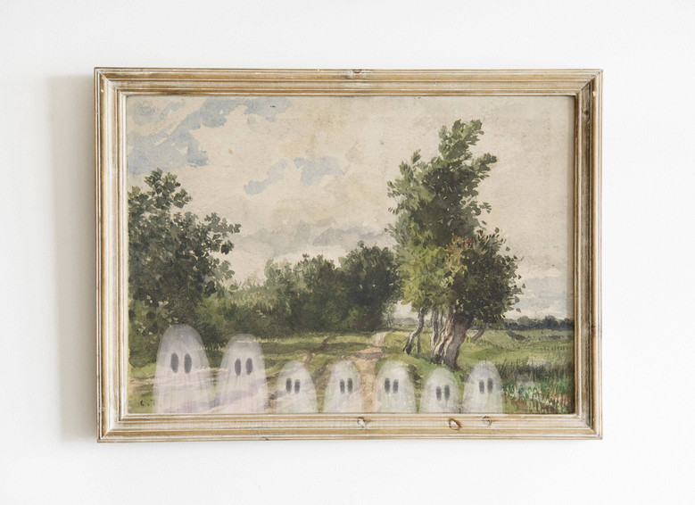 Vintage ghost family canvas with antique frame effect, linen texture, custom family name and est. year for above-sofa decor