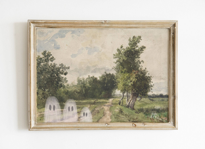 Vintage ghost family canvas, black-and-white engraving style, custom names, portrait orientation for entryway Halloween art