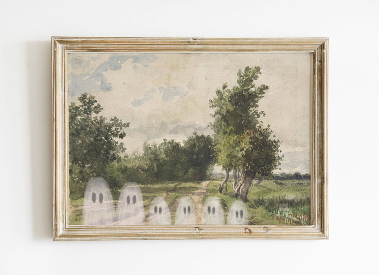 Vintage ghost family canvas with pets, custom names for each member, square format, charming hallway Halloween wall decor