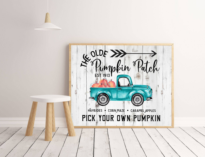 Rustic pumpkin patch farmhouse canvas with vintage truck watercolor, fall decor accents, personalized established date