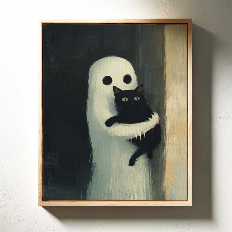 Halloween ghost and black cat poster print, rustic whimsical art, cute seasonal gift idea for cat lovers and fun home decor