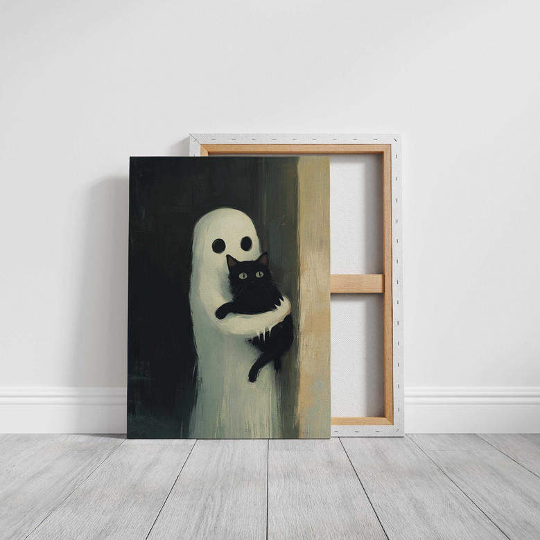 Halloween ghost and black cat canvas print, rustic whimsical wall art to brighten a living room or bedroom for spooky season