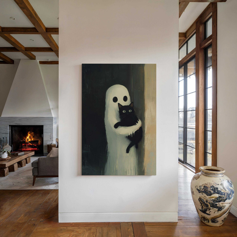 Halloween ghost and black cat canvas wall art, rustic whimsical design for mantle or shelf styling, cozy seasonal home accent